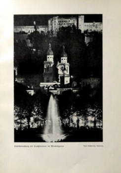 1932 - Salzburg - Stadtbeleuchtung mit Leuchtbrunnen im Mirabellgarten, alter Druck